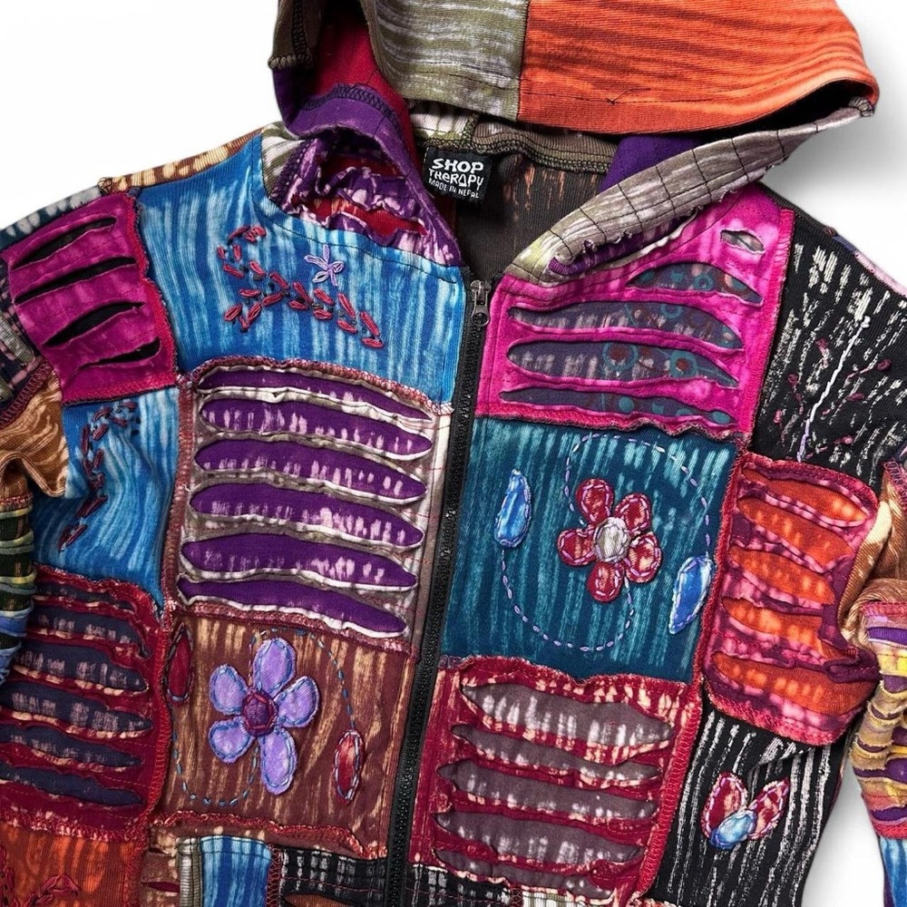 Y2k Tie-Dye Patchwork Embroidered Zip-Up Hoodie - image 3